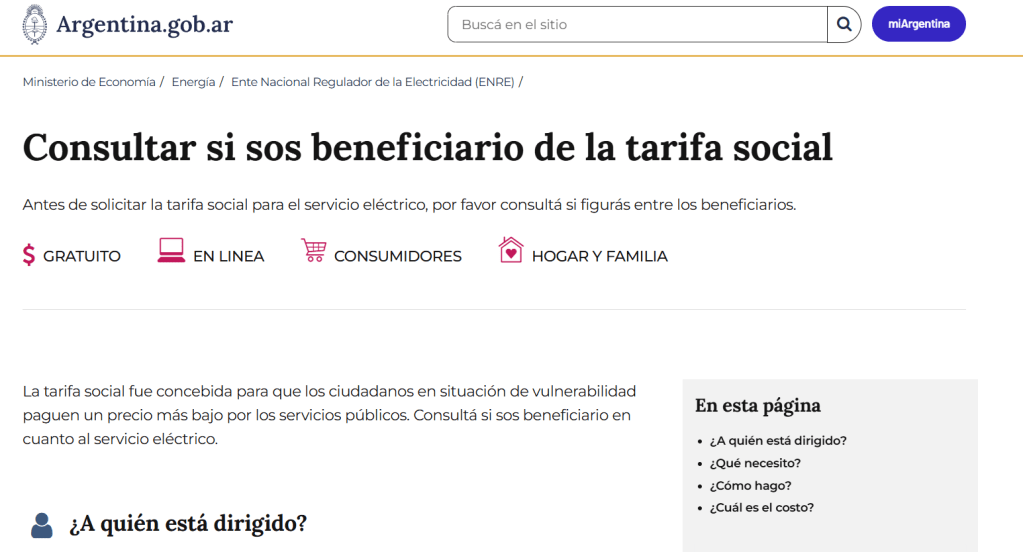 Captura de pantalla de la pagina del gobierno para consultar si sos beneficiario del subcidio de luz