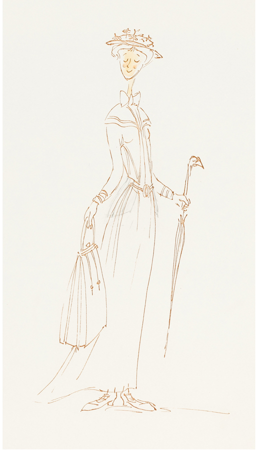 Este boceto de Mary Poppins forma parte de un grupo de dos portafolios disponibles en la subasta Tony Walton: Diseñador de Sueños de Heritage, que se celebrará el 16 de mayo . Los portafolios incluyen más de 100 láminas y fotografías de vestuario y diseño de producción de «Mary Poppins» de 1964.
